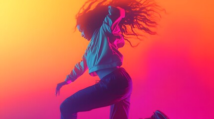 A vibrant young woman dances with energy and style