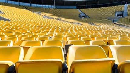 Fototapeta premium Yellow tribunes. seats of tribune on sport stadium. empty outdoor arena. concept of fans. chairs for audience. cultural environment concept. color and symmetry. empty seats. modern stadium