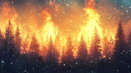 Fototapeta premium Intense flames engulfing a forest landscape. Frostflare. Illustration