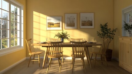 3D interior mockup showcasing a Scandinavian dining space with warm tones and wooden accents. --chaos 20 -