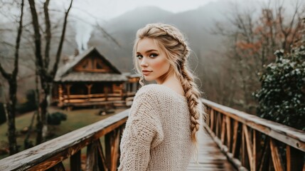 Young woman with braided blonde hair wearing a cozy knit sweater, standing on a wooden bridge near a rustic cabin in a misty forest