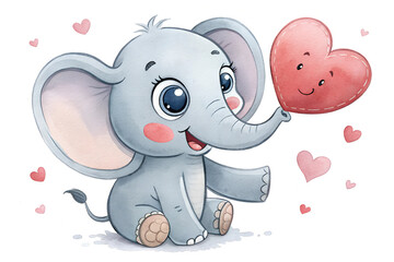 Naklejka premium Baby elephant holding a heart-shaped balloon with pink hearts around. Adorable Valentine's Day illustration for children
