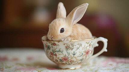 A tiny stuffed bunny sitting inside a teacup with delicate floral patterns