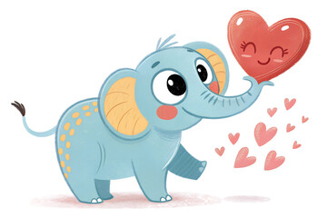 Naklejka premium Blue elephant holding a smiling heart-shaped balloon with floating hearts. Playful Valentine's Day illustration for kids