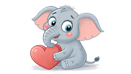 Naklejka premium Cartoon elephant sitting and holding a red heart on a white background. Valentine's Day illustration for children