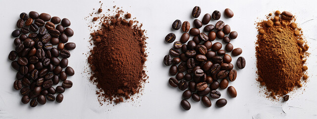 Wide view of coffee beans in various stages of processing on a minimalist white surface ready for promotional text