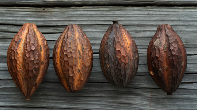 Cacao pods arranged on wooden surface with processed beans showcasing the journey from fruit to chocolate