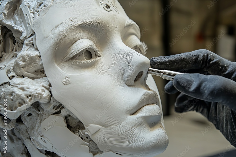 Poster creating intricate details on a sculpted face in an art studio. generative ai