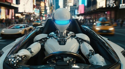 Fototapeta premium Futuristic Robot Driving in Times Square