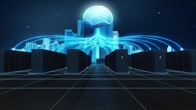 High-tech big data center, encrypted storage server room, holographic brain connection, and technology city data storage service.