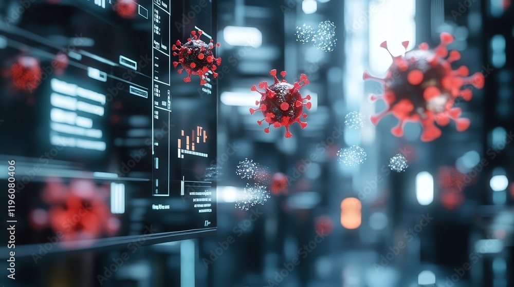 Poster Abstract digital representation of a virus outbreak with floating viral particles and data charts in a futuristic environment showcasing health and technology interaction.