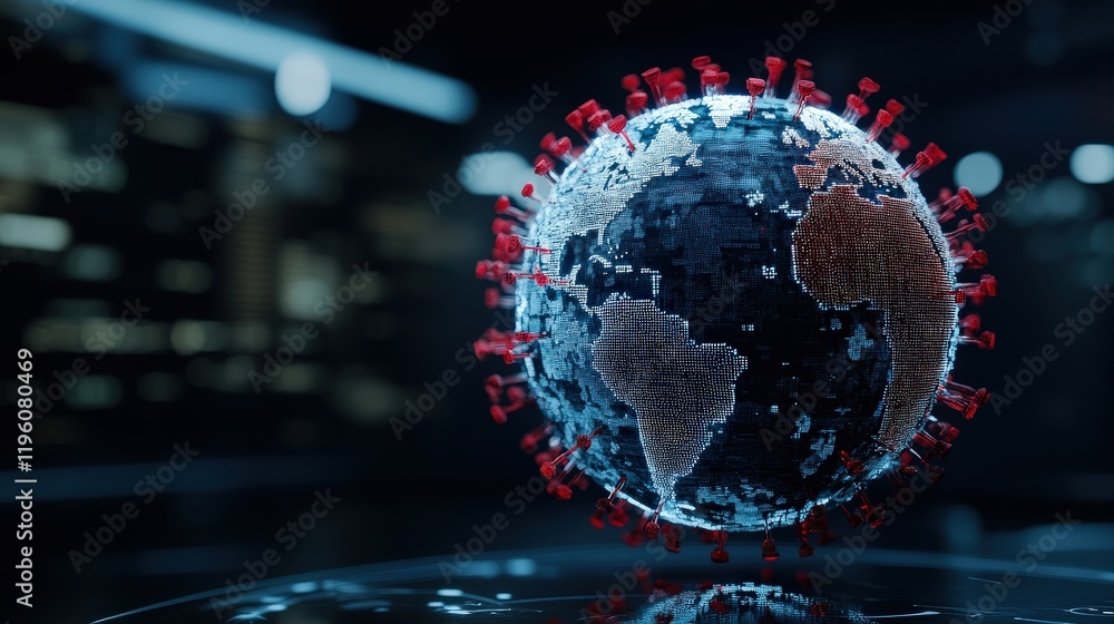 Poster 3D Render of Earth Surrounded by Virus Particles Depicting Global Pandemic Challenges and Health Concerns in a Modern Digital Environment