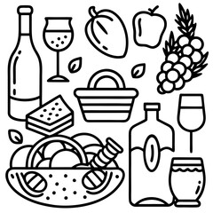 A collection of stylized illustrations of food and drink items, including wine, seafood, bread, fruit, and tableware, 