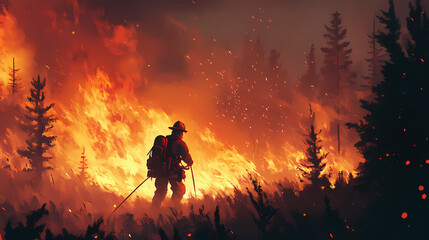 Fototapeta premium Firefighter battling a massive wildfire in a forest, demonstrating bravery and resilience amidst flames and smoke in a dramatic setting. Frostflare. Illustration
