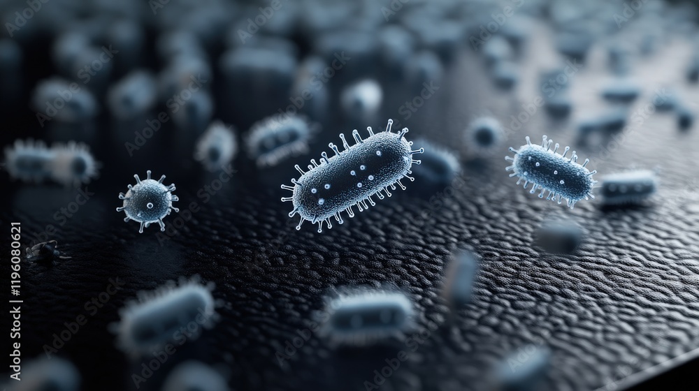 Poster Detailed Close-up View of Bacteria and Microorganisms Under a Microscope, Highlighting Their Unique Shapes and Structures on a Dark Surface