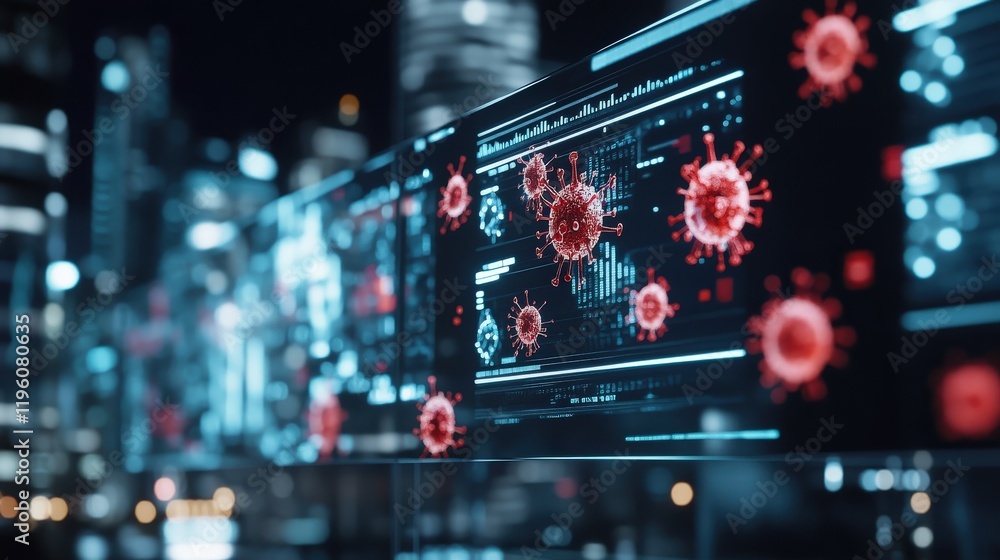 Poster futuristic digital interface displaying viruses and data in cyber city at night, representing techno