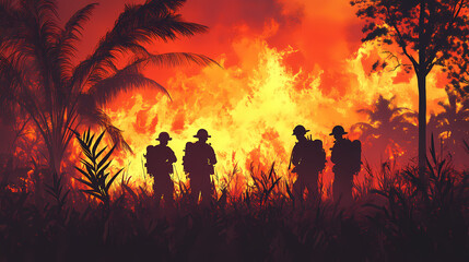 Fototapeta premium Firefighters silhouette against blaze at sunset in dramatic wildfire scene. Frostflare. Illustration