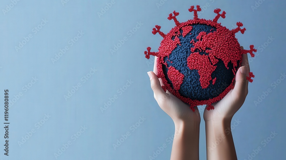 Poster hands holding a globally inspired model of earth surrounded by red virus-like structures reflecting 