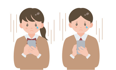 スマホを使う中高生の男女（悲しむ）