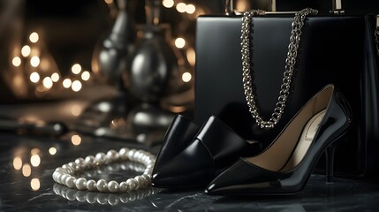 Elegant Black Shoes Purse And Pearl Necklace