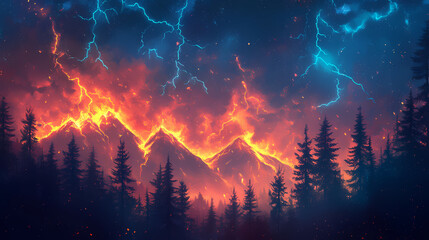 Forest fire with lightning and mountains. Frostflare. Illustration