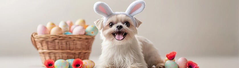 Dog Portrait with Easter Bunny Ears Concept. Adorable dog in bunny ears with colorful Easter eggs and a basket