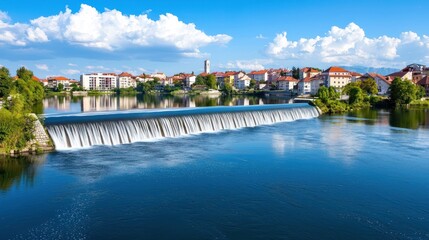 River town landscape with dam