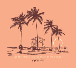 Hand drawn illustration of a simple coastal landscape representing the essence of late afternoon.