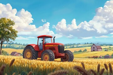 Fototapeta premium The image depicts a picturesque rural scene with a red tractor in the foreground, surrounded by golden wheat fields