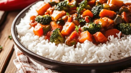 Close-up of rice with rich vegetable curry. Featuring seasonal vegetables in a spicy curry sauce, served over rice. Emphasizing a hearty, rich dish. Ideal for vegetable curry recipes.