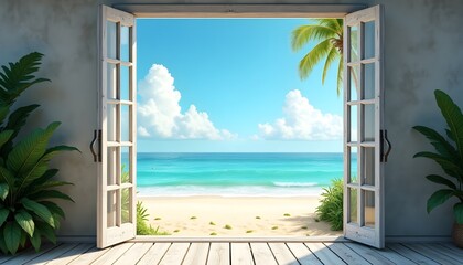 A peaceful beach scene visible through wide open French doors, framed by weathered concrete walls, featuring gentle turquoise ocean waves, light sand, tropical foliage, and a serene, sunny atmosphere