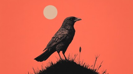 Lone crow perched on hilltop at sunset.