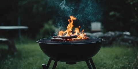 Grilled sausages on a charcoal barbecue in a garden at dusk.
