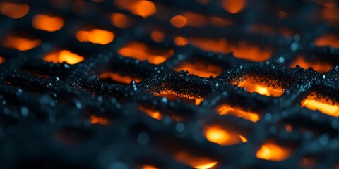 Close-up of glowing embers in a grill grate.