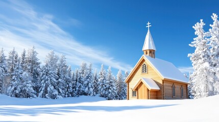 Snow-covered wooden church surrounded by winter trees.