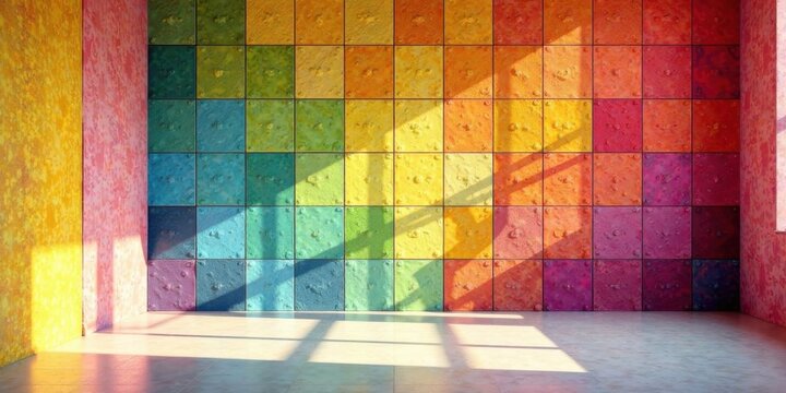 Vibrant Spectrum Wall in Sunlit Room, Featuring Textured Tiles with a Rainbow Hue Gradient