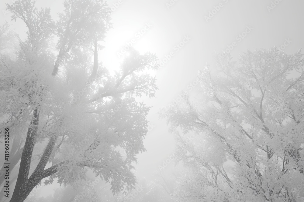 Aufkleber winter trees are covered in frost with a soft glow from sunlight peeking through dense fog. generati