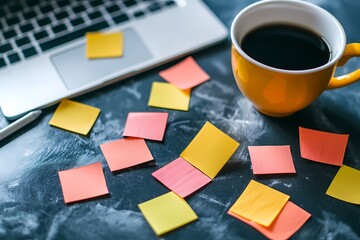 Sticky Notes, Laptop, and Coffee: A Productive Workspace