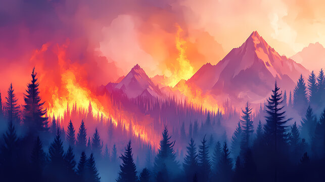 Dramatic wildfire on mountainous terrain. Frostflare. Illustration