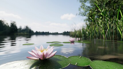 Tranquil water scene with pink lilies and lush greenery.