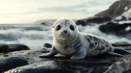 Naklejka premium Cute Seal Pup on the Coast