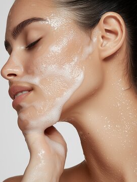 Side profile of a woman with foamy facial cleanser on her face, eyes closed, and hand gently touching her cheek, highlighting a deep hydration skincare routine.