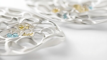 Silver earrings, gemstone detail, white background, jewelry design, advertising