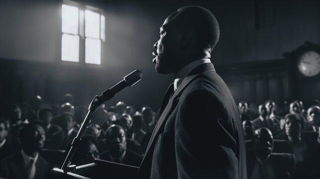 A speaker stands at a podium addressing a captivated audience in a historic hall filled with natural light. The crowd listens attentively, highlighting the importance of the moment.