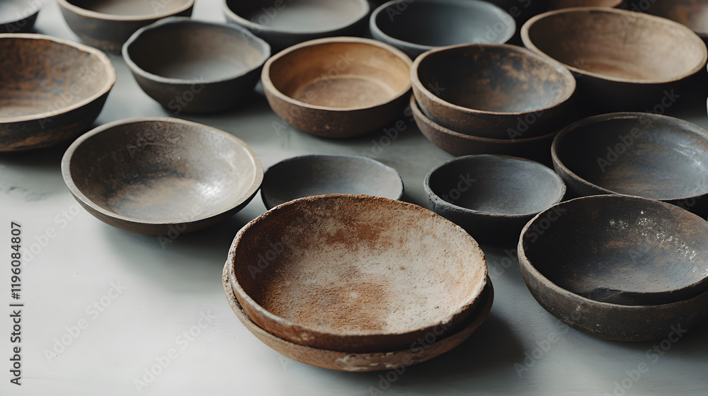 Poster a collection of rustic, handmade bowls arranged on a surface, showcasing varying sizes and earthy te