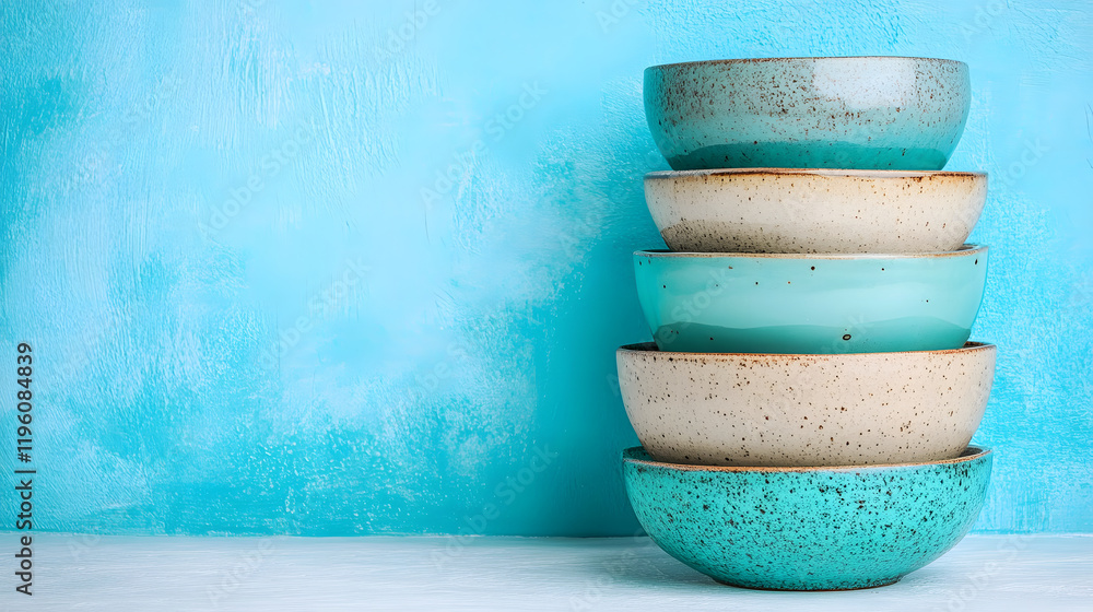 Poster stacked bowls in various colors against a textured turquoise background, adding a vibrant touch to a