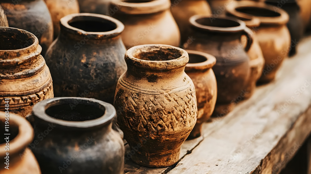 Poster a collection of rustic clay pots arranged neatly, showcasing their varied textures and earthy colors