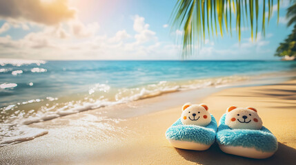 Obraz premium Cute slippers with little animal faces on warm sunny beach tropical water palm tree shade
