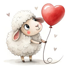 Fototapeta premium Adorable lamb looking up at a red heart balloon with hearts around on a white background. Valentine's Day illustration