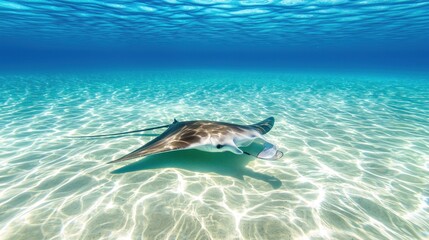 Obraz premium A graceful stingray gliding through clear, tranquil ocean waters.
